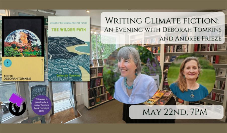 Picture of andree frieze and deborah tomkins alongside 'Aerth' and 'The Wilder Path' book covers