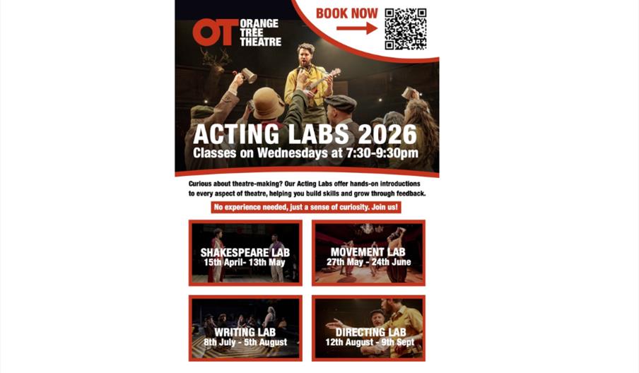 A poster with Shakespeare Lab, Movement Lab, Writing Lab and Directing Lab written on it with colourful pictures of actors on stage and the orange tre