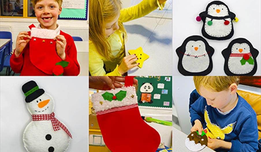 Children engaging in Christmas-themed crafts, featuring a boy holding a red felt stocking with decorative elements, a girl sewing a yellow star, and v