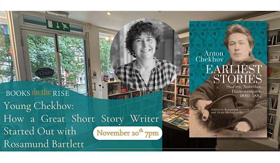 Image of rosamund bartlett next to her new book about Chekov's early career