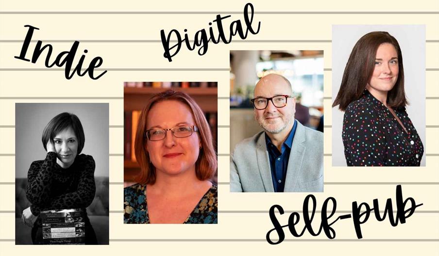 Promotional poster for a publishing event with four speaker headshots on a lined notebook-style background. Large handwritten text reads "Indie", "Dig