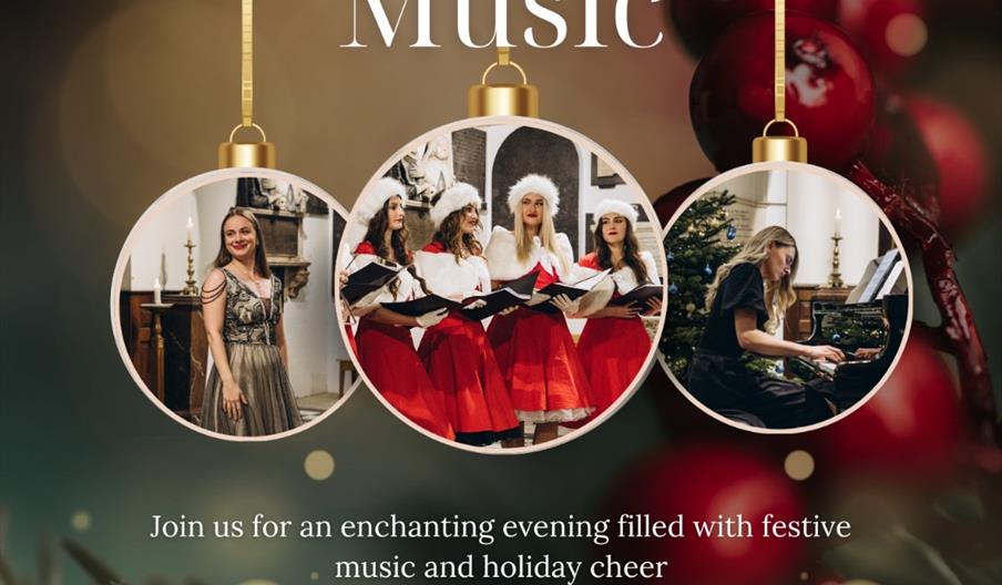 Poster for a Christmas music event on December 14 featuring singers and musicians, with event details and a QR code for tickets.