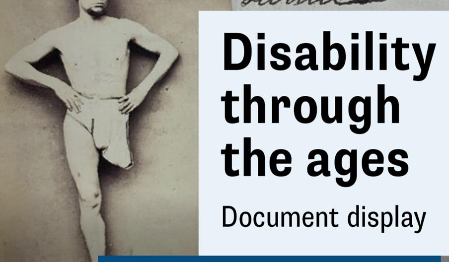 Photograph of Charles Moore, champion one legged swimmer, standing hands on hips. Next to the image is a white banner, reading 'disability through the