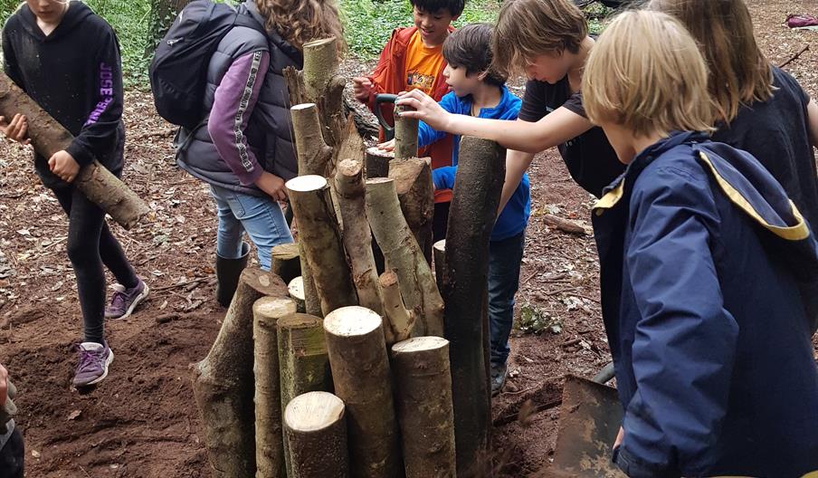 Children building a stag beetle loggery