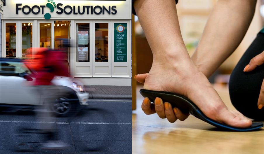 Outside shot of foot solutions and image of customer