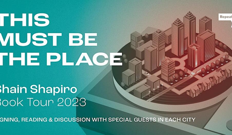 shainshapiro 2023 tour poster 'This Must Be The Place' Picture of a city on turntables in the background.