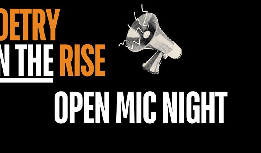 Image of POETRY OPEN MIC on black background with megaphone