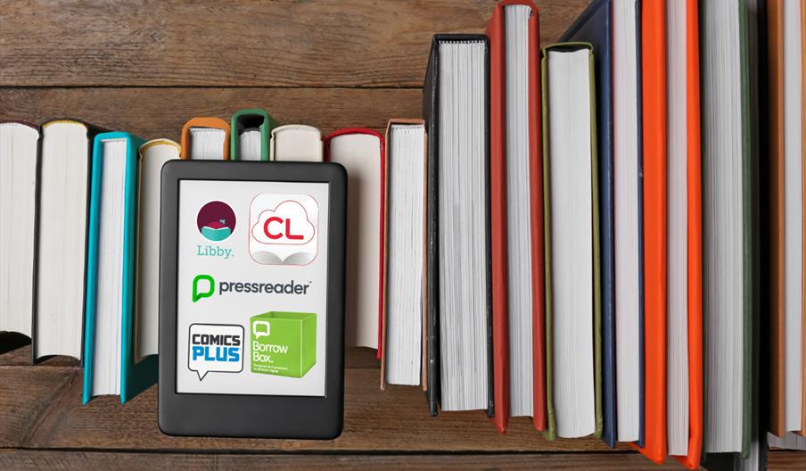 eReader with various eLibrary logos displayed on the home screen.