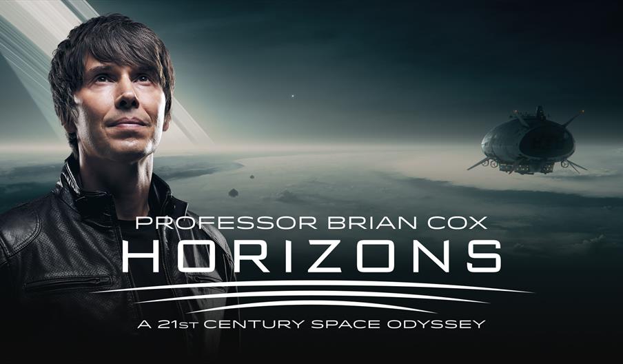 Poster for Professor Brian Cox; a landscape of a planet with white and grey rings orbiting in the sky. To the right is a futuristic spacecraft moving