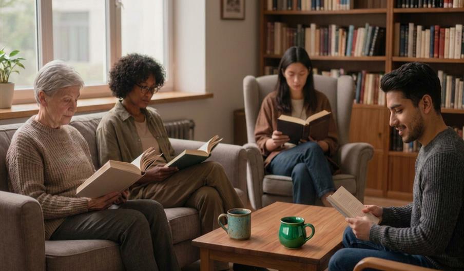 Group of people sitting in a circle and reading in silence whilst smiling.