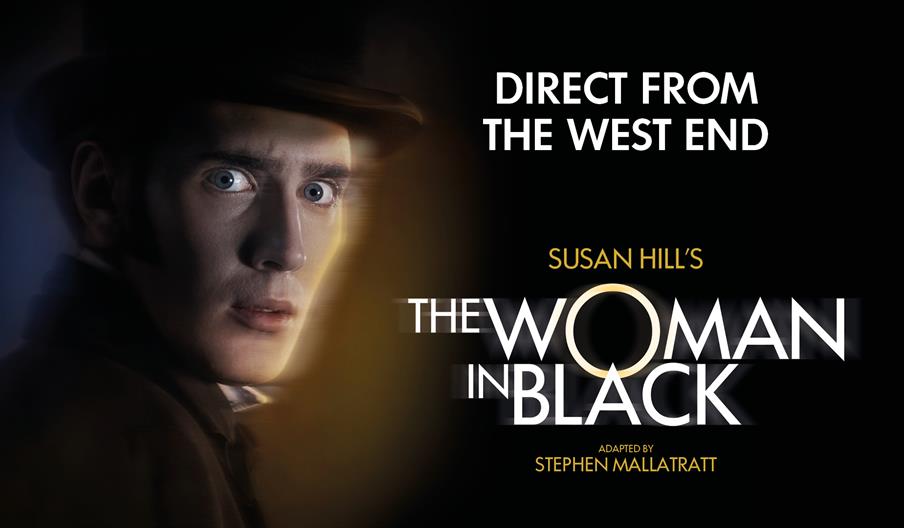 Poster for The Woman in Black; a white man in a coat and hat turns towards the camera, afraid, and the edges of his body are blurred