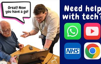 Picture in 2 halves. On left a standing digital trainer supports an older gentleman with glasses who is using a laptop. A speech bubble above them say