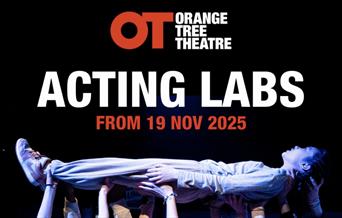 Text reads OT Theatre Acting Labs with an image of a group of teanagers lifting up another teanager on a black background