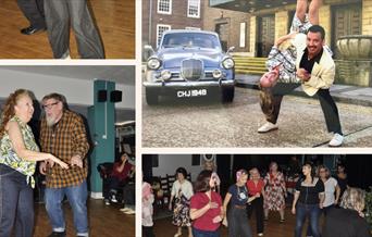 Picture collage showing Colin Tenn lifting his dance partner upsidedown, along with images of his dance students dancing and socialising together