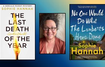 "A photo of author Sophie Hannah is centered on a gradient background transitioning from blue on the left to yellow on the right, flanked by her book