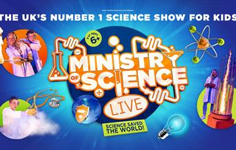 Poster for Ministry of Science. Against a blue background are the presenters enacting three science experiments. Around the title are images of the at