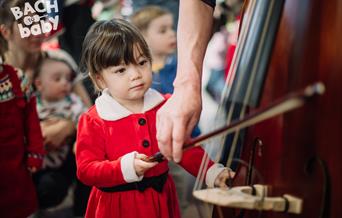 toddler inspects a cello at a bach to baby christmas concert