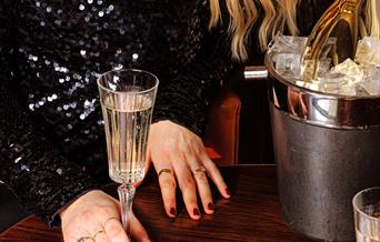 new year's eve, sequin dress, champagne