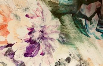 Close-up painting of a floral arrangement, primarily in purple
