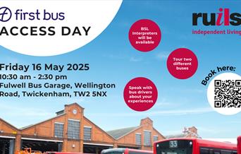 Image of a bus depot with blue sky. The text reads "First bus Access Day, Friday 16 May, 10:30am-2:30pm, Fulwell Bus Depot"