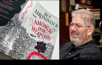 Left image is the book cover of Amongst Our Weapons, the right image is of the author Ben Aaronovitch.