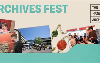 Collage of images from The National Archives on a white background with the title 'Archives Fest' in the top left-hand corner. The images include a fa