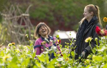 Two women laughing among plants