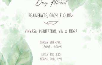 Image of green leaves and a list of the key information relating to the event including date and time