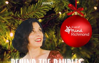 Mrs Christmas gazes a Christmas Tree with bauble saying 'in aid of Richmond Borough Mind