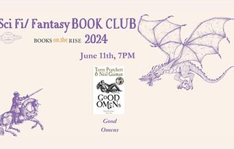 picture of Good Omens book cover and date of book club June 11th at Books on the Rise for a Sci Fi Fantasy Book Club