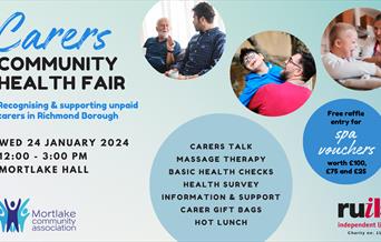 Graphic with a blue and green gradient back ground that says "Carers Community Health Fair - Recognising & supporting unpaid carers in Richmond Boroug