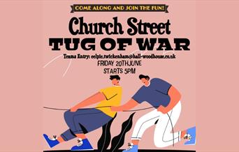 cartoon images of people tug-of-war church street event