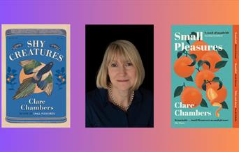 A photograph of author Clare Chambers and her book covers for Small Pleasures and Shy Creatures