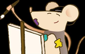 Cartoon mouse holding a painting brush at an easel.