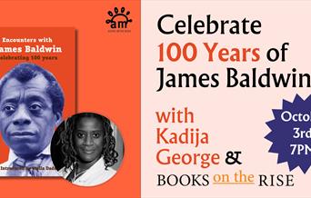 Picture of James Baldwin event banner with picture of editor Khadija George on front