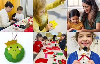 Parents and children sewing Christmas decorations together