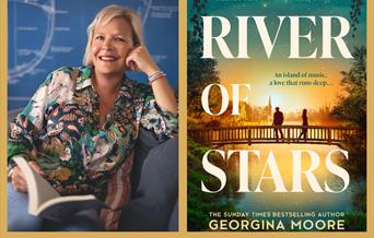 A photo of the author and the book cover of The River of Stars by Georgina Moore  with the caption "An evening with Georgina Moore " . Below on the ri