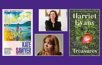 "Two photographs of authors are shown above their respective book covers, set against a purple background. On the left is 'Getting Away' by Kate Sawye