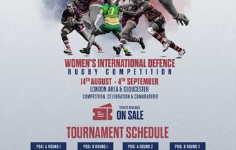A picture of a women playing rugby. There is a series of fixtures listed at the bottom.