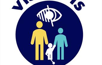 Vis-à-vis logo Visually Impaired symbol above a family consisting of 2 adults with a child in between them that is holding a long cane