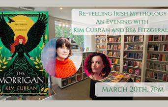 Picture of The Morrigan book cover and the guest speakers Kate Curran (author of The Morrigan) and Bea Fitzgerald (interviewer)