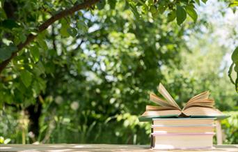 Books on a bench in a garden