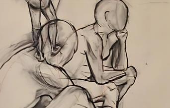 Sketch of two figures overlapping, cropped image that displays finer detailing of the sketching