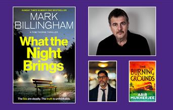 "Collage on a purple background featuring two book covers and two author photos. On the left is 'What the Night Brings' by Mark Billingham, and on the