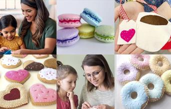 mother and child sewing cute cakes and biscuits together