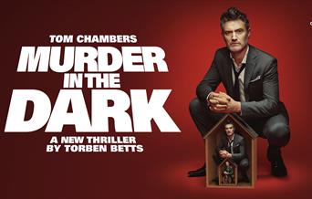 Poster for Murder in the Dark. On a dark red background, Tom Chambers is in a suit with the tie and collar loosened. He crouches over a small wooden h