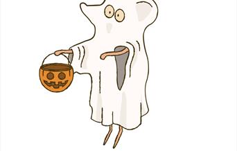 Cartoon image of a mouse in a ghost costume