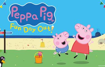 Poster for Peppa Pig's Fun Day Out. Peppa and George jump for joy on a beach. Animals are featured over the poster, and next to George is a bucket and