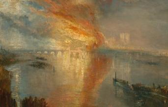A watercolor painting by JMW Turner of the Fire of London, illustrated from a distant location near the Thames