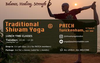 Yoga Flyer - Man doing Yoga pose with details of upcoming class.es on Tuesdays @ Patch Twickenham